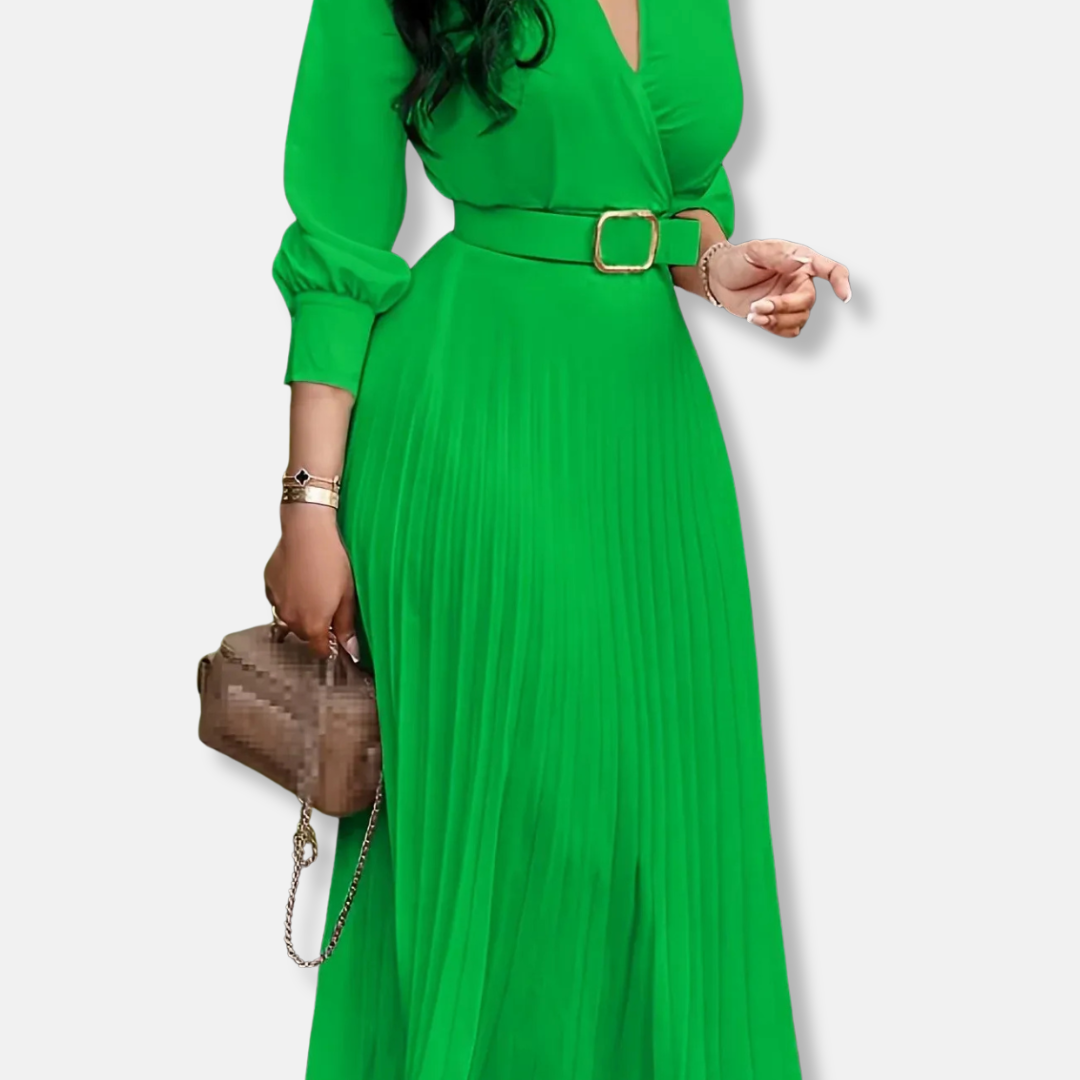 Damklänning Midi – A-linjeformad med Omlottdesign – Puffärm – Plisserad Kjol – Skärp i Midjan