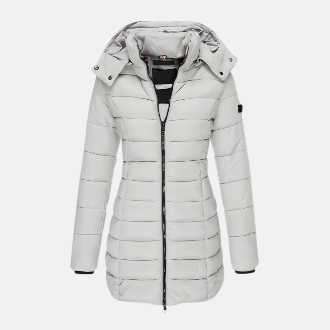 Dam Pufferjacka – Slim Fit – Quiltad – Mellanlång – Huva – Muddade Ärmslut