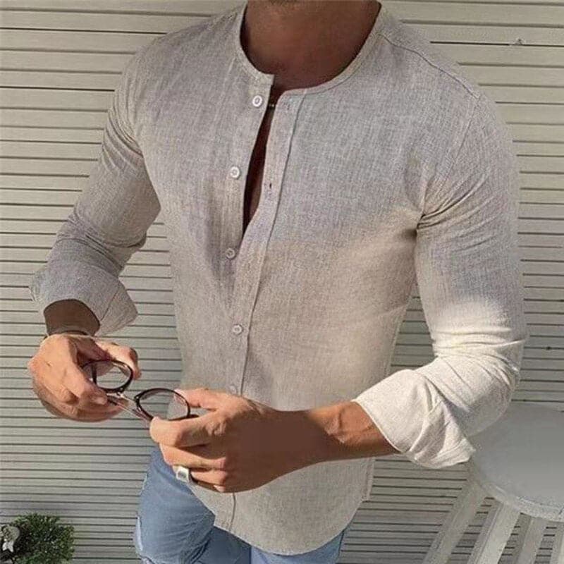 Herrskjorta - Slim Fit - Kraglös Design - Långärmad - Andningsbart Tyg