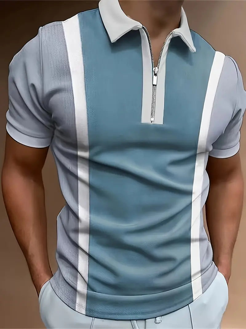 Herr Pikétröja - Slim Fit - Dragkedja Krage - Randig Kortärmad