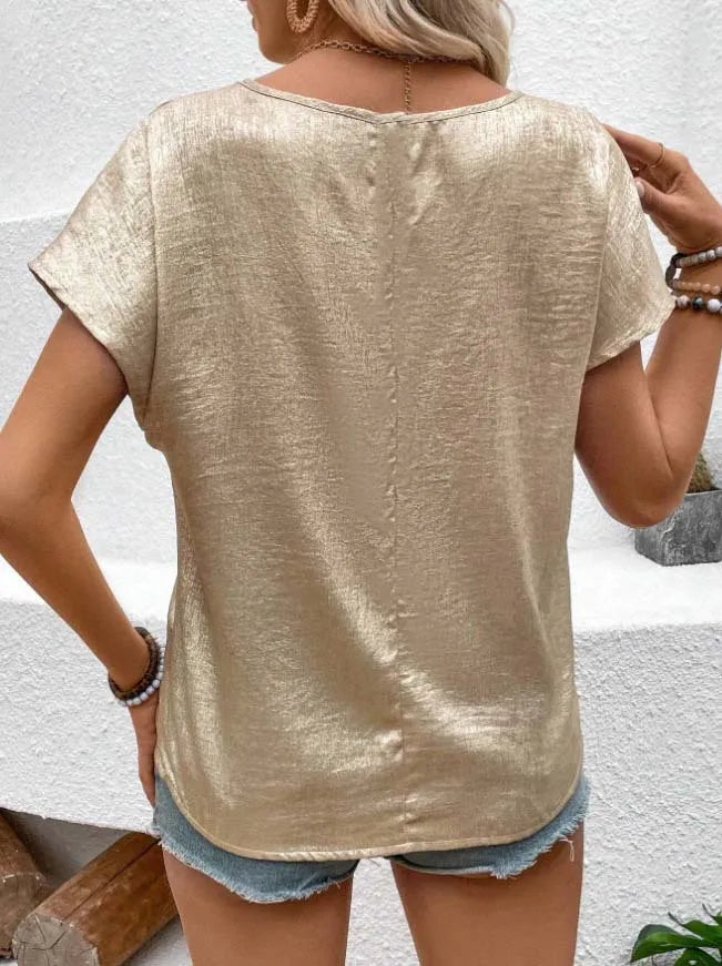 Dam T-shirt – Avslappnad Passform – Rund Hals – Lyxigt Tyg med Glans