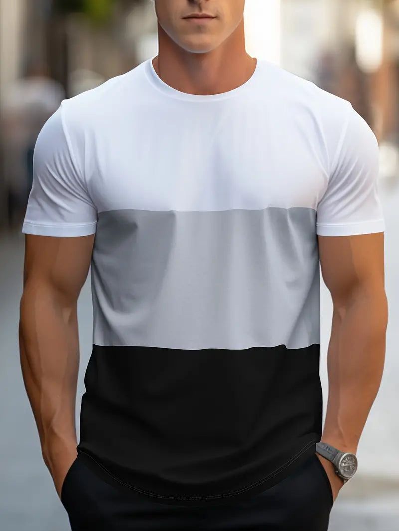 Herr T-shirt - Färgblock Design - Regular Fit - Kortärmad - Rund Hals