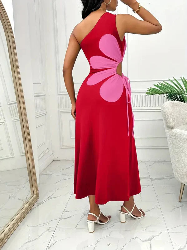 Dam Klänning - One-Shoulder Maxi - Blommigt Motiv - Ärm lös Elegant Design
