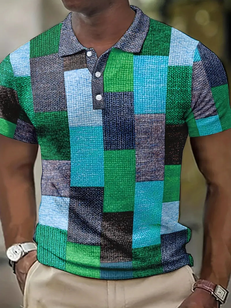 Herr Pikétröja - Patchworkdesign - Vävd Textur - Knappslå - Slim Fit