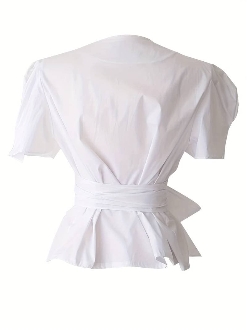 Blus Dam - Figursydd Med Knytband - Puffärmar - Rund Hals - Peplumfåll
