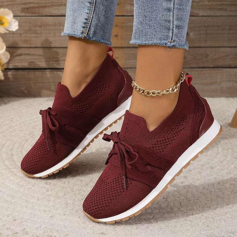 Dam Sneakers – Stickat Tyg – Andas – Låg Modell – Snörning för Anpassad Passform