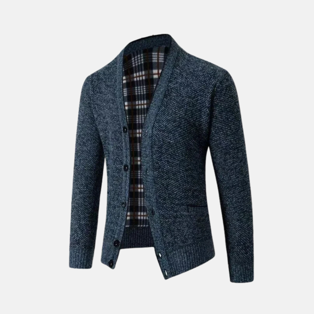Herrkofta – Slim Fit – Stickad Ullblandning – V-ringning – Knäppning – Fickor