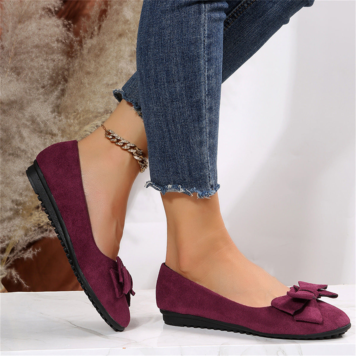 Dam ballerina skor – klassisk passform – mjuk textur – rosett – slip-on vardagsstil