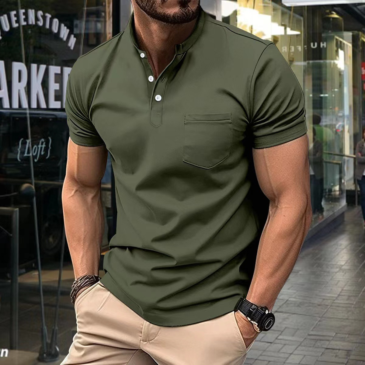 Herrpikétröja – Slim Fit – Mjukstickad – Halvkrage – Kort Ärm – Bröstficka