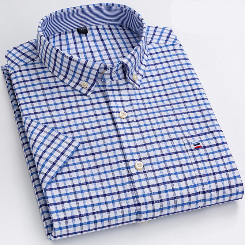 Herr Skjorta - Klassisk Rutig Design - Bomull - Button-Down Krage - Kortärmad