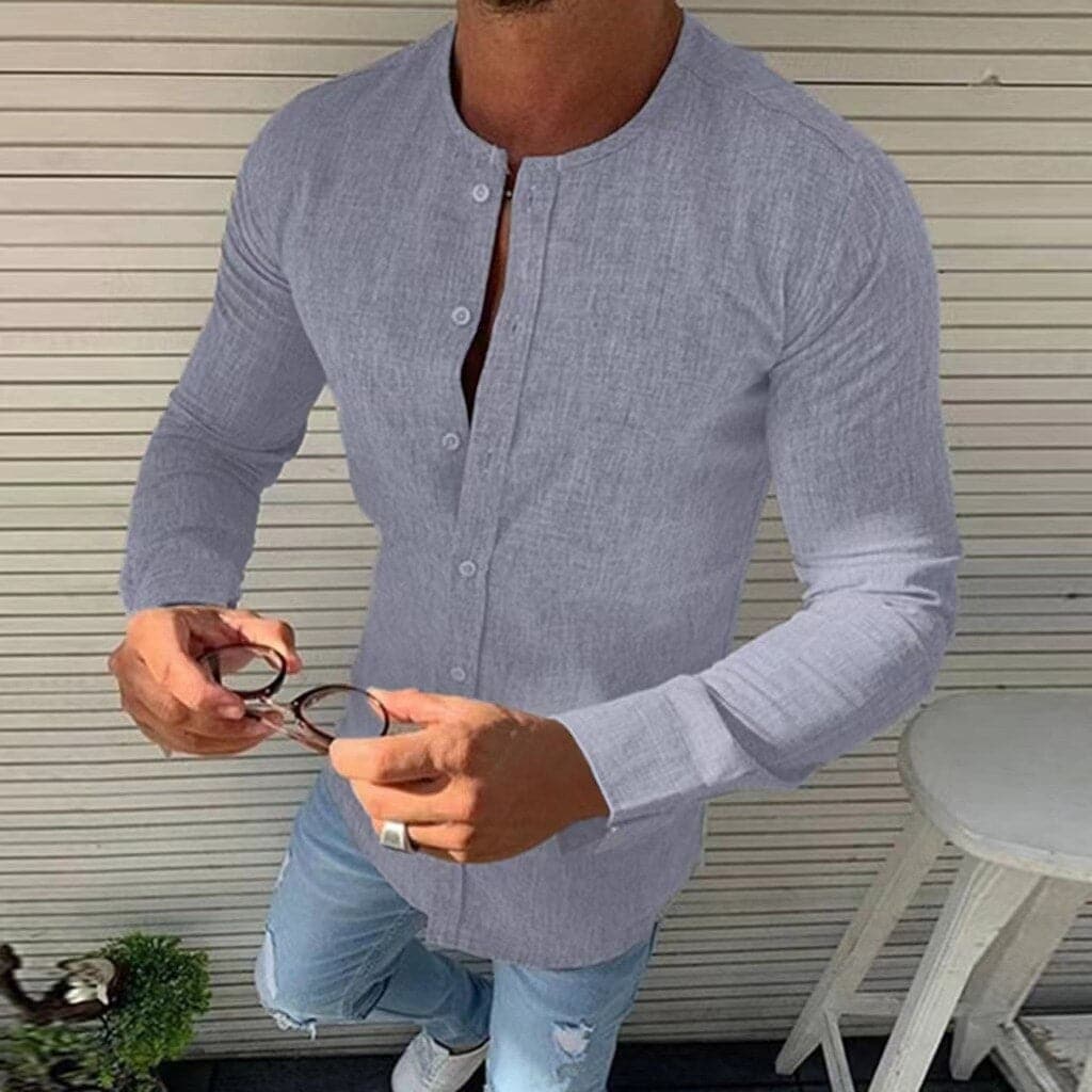 Herrskjorta - Slim Fit - Kraglös Design - Långärmad - Andningsbart Tyg