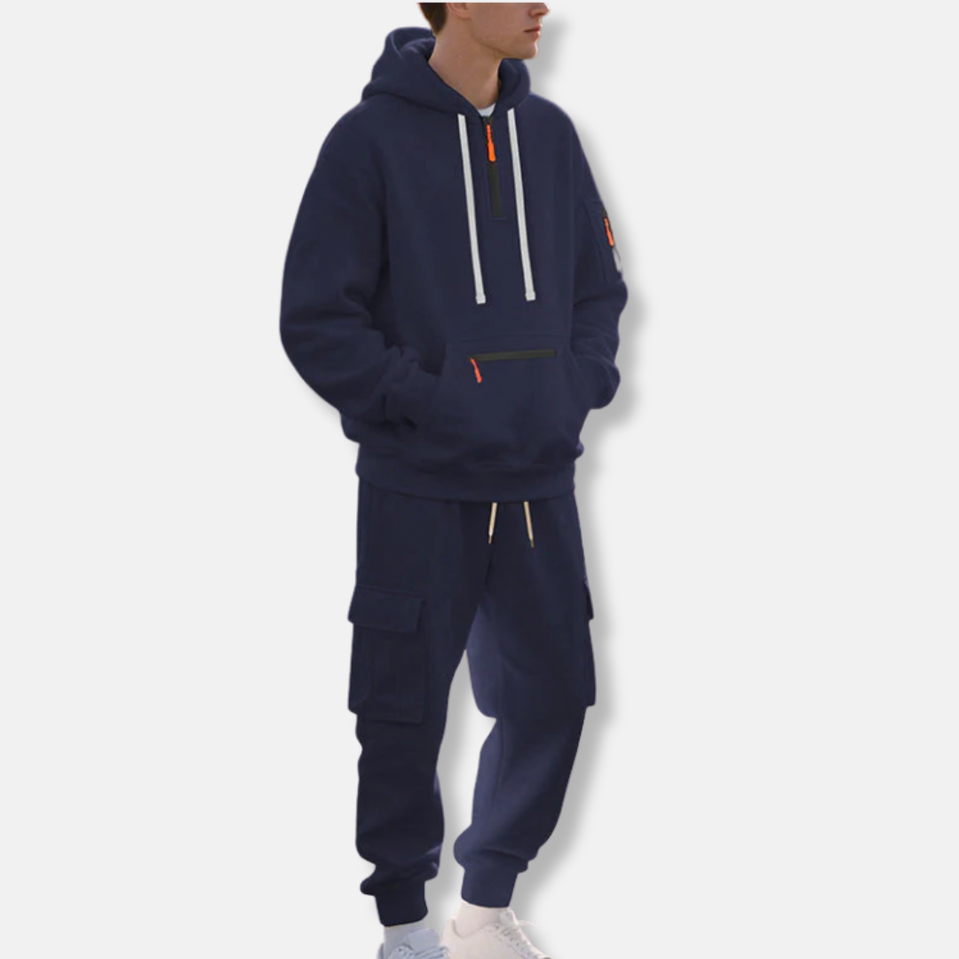 Herr Träningsset – Avslappnad Passform – Halvzip Hoodie – Cargojoggers med Dragsko