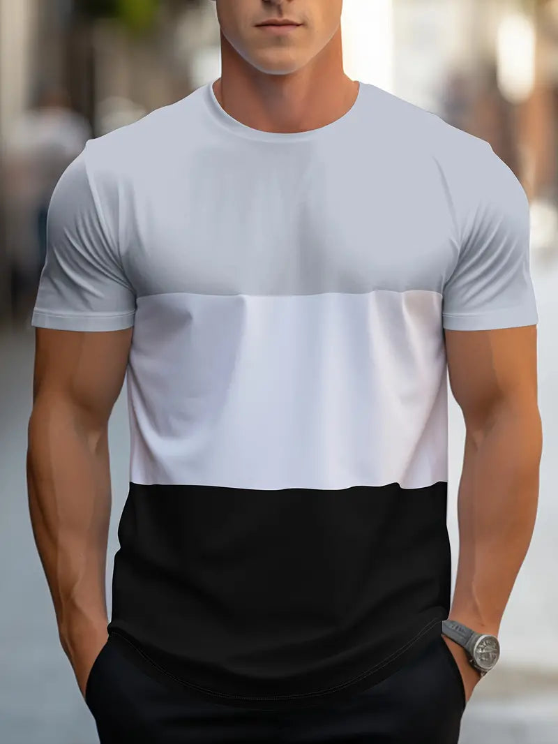 Herr T-shirt - Färgblock Design - Regular Fit - Kortärmad - Rund Hals