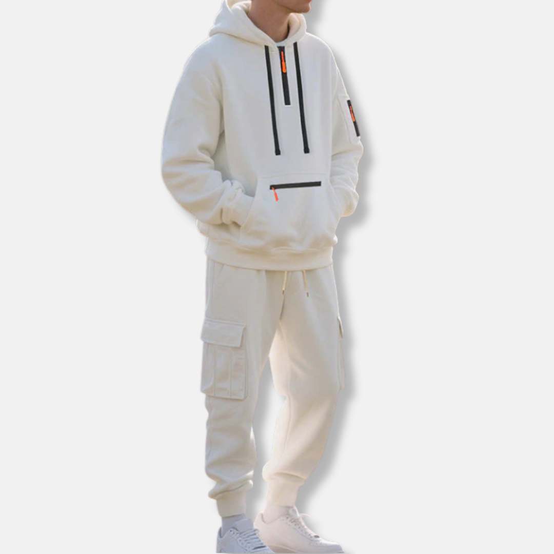 Herr Träningsset – Avslappnad Passform – Halvzip Hoodie – Cargojoggers med Dragsko