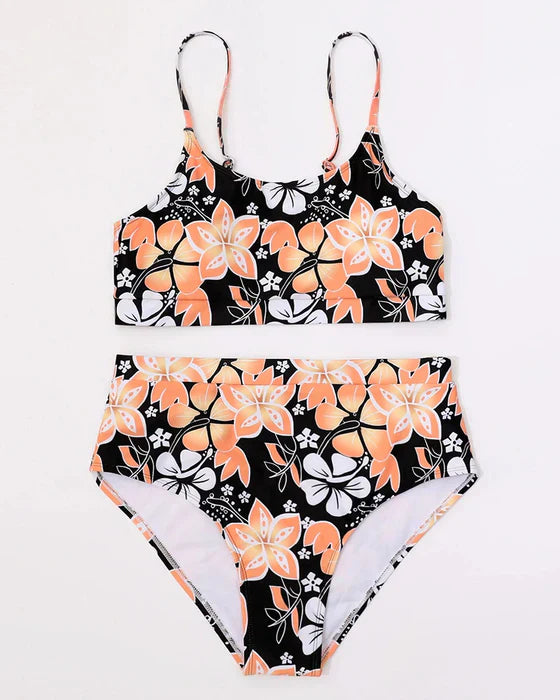 Dam Bikini Set – Högmidjade Trosor – Tanktoppmodell – Blommigt Mönster – Andningsbart Tyg