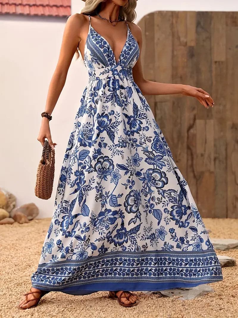 Dam Maxi Klänning - Bohemisk Blommig Design - Ärmlös med Spagettiband - Djup V-ringning