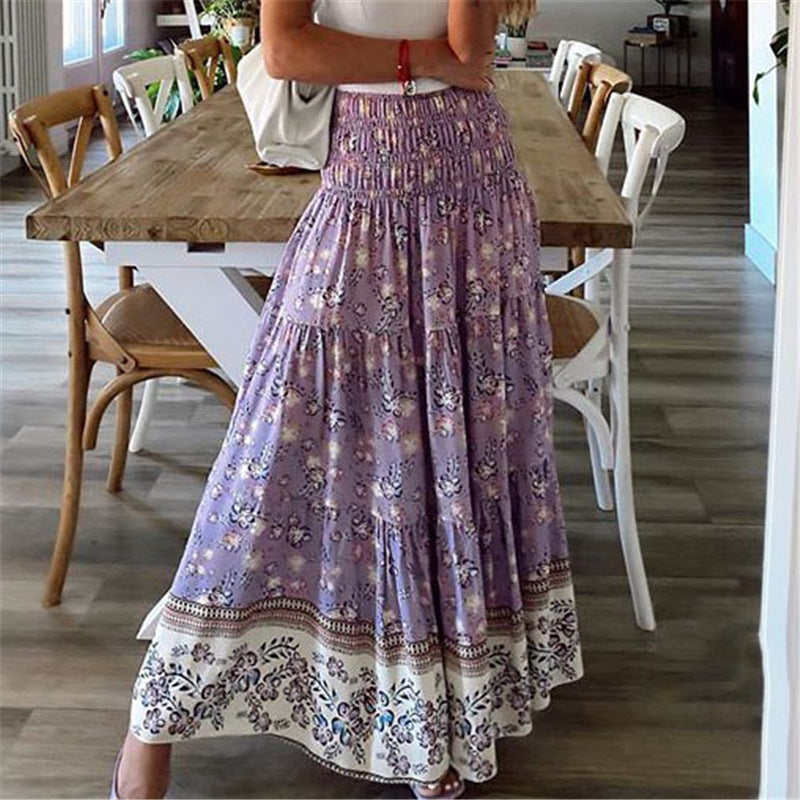 Kvinnors Maxikjol - Bohemisk Blommig Design - Tierad Med Resårmidja