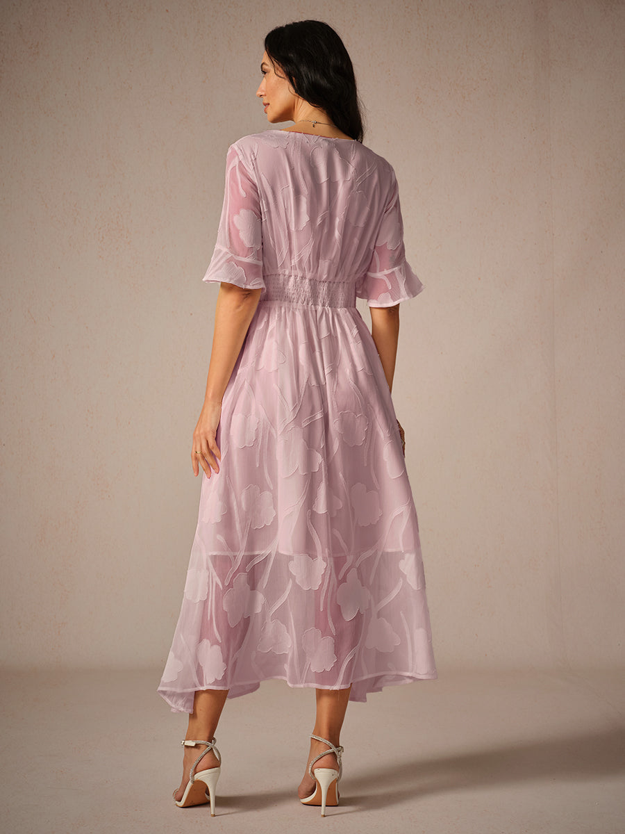 Damklänning maxi – spetsblommig – V-ringning – holkärm – elegant passform