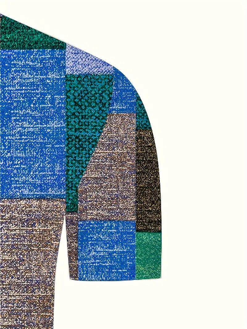 Herr Pikétröja - Patchworkdesign - Vävd Textur - Knappslå - Slim Fit
