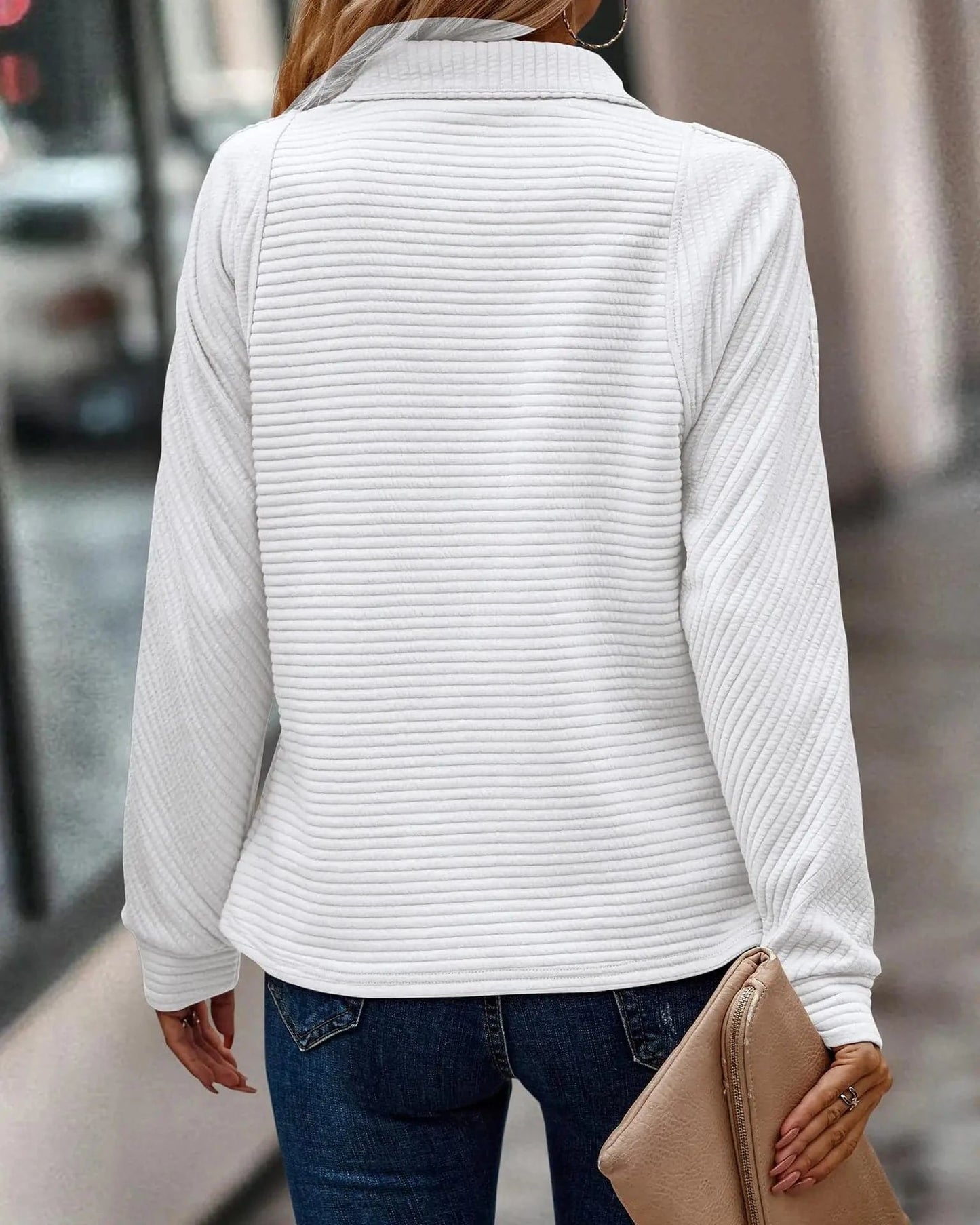Damtröja – Halvdragkedja – Hög Krage – Ribbad Stickad Design – Lång Ärmar