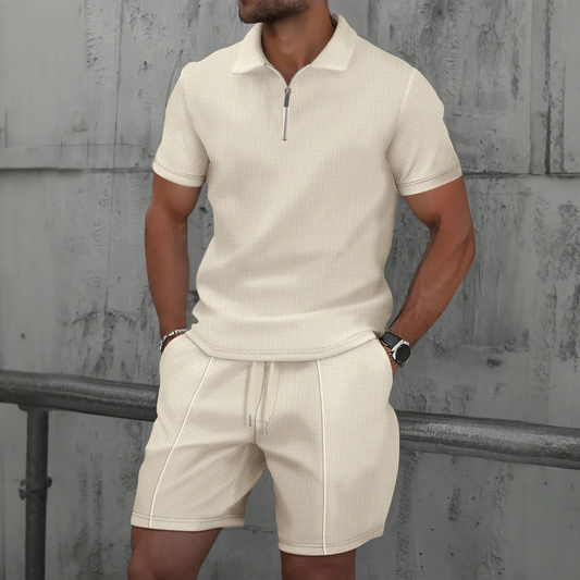 Herr Co-ords Set – Slim Fit Pikétröja och Shorts – Mjukstickat – Dragkedja i halsen