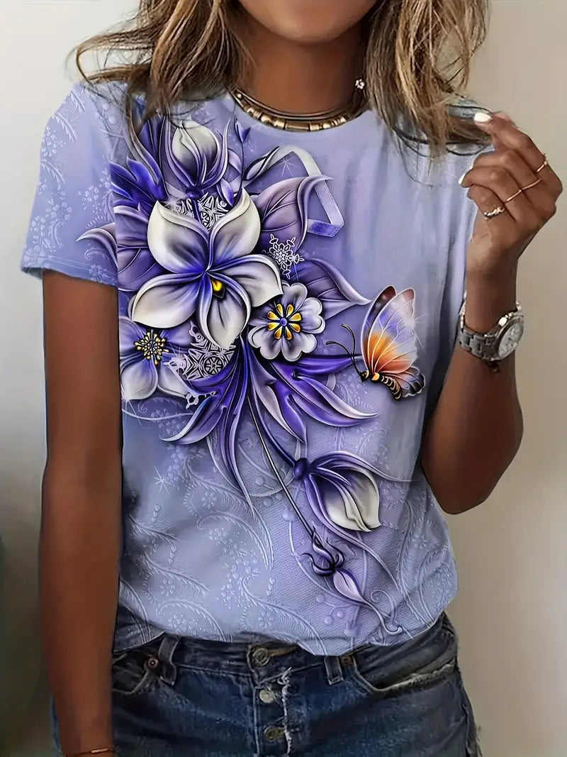 Dam T-shirt - Rund hals - Kortärmad - Blommigt tryck med fjärilsmotiv - Bekväm