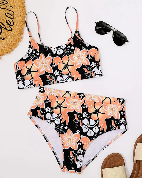 Dam Bikini Set – Högmidjade Trosor – Tanktoppmodell – Blommigt Mönster – Andningsbart Tyg