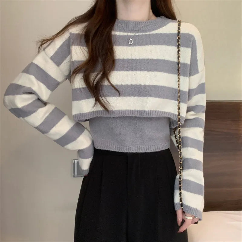 Randig rundhalsad kort tröja för kvinnor - Casual Chic