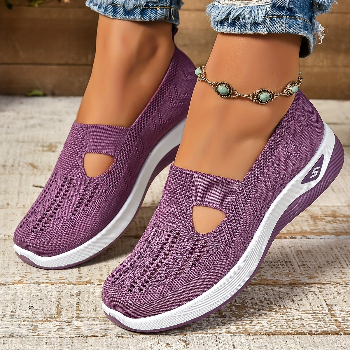 Dam sneakers slip-on – låg modell – andningsbar stickad ovandel – dämpad sula