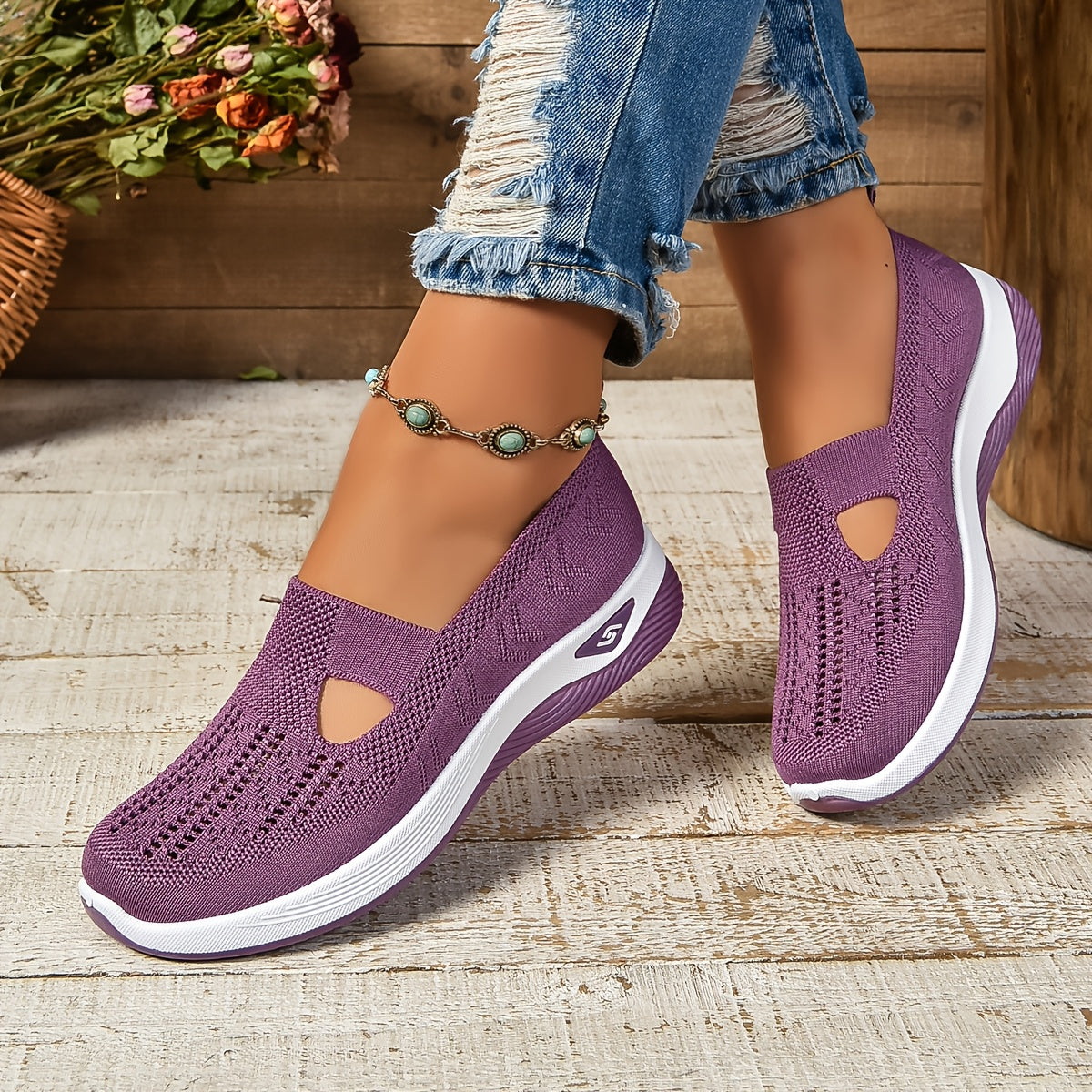 Dam sneakers slip-on – låg modell – andningsbar stickad ovandel – dämpad sula