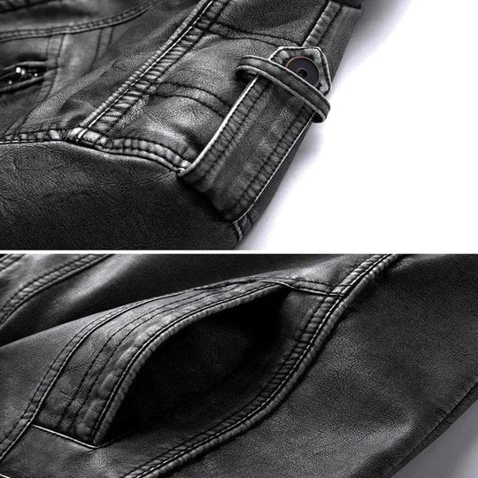 Herrjacka i Läder – Slim Fit – Dragkedja – Epåletter – Flera Fickor