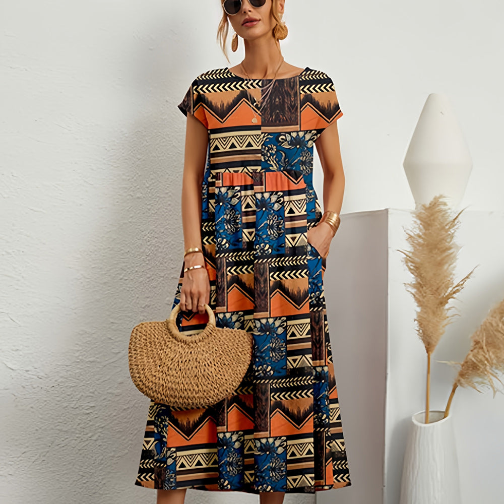 Damklänning midi – Linne bomull – Lös passform – A-linje – Kort ärm blommönster