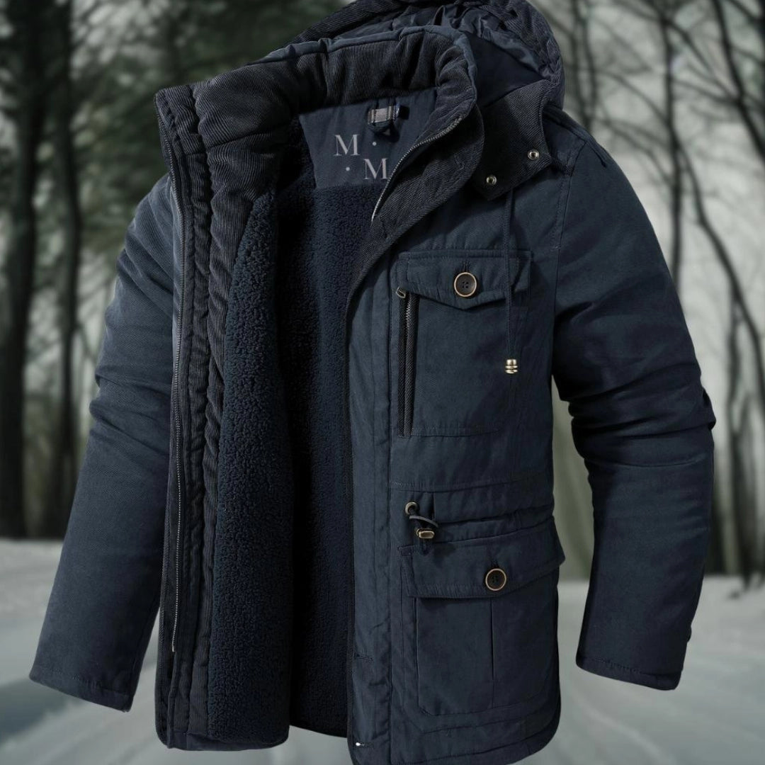 Herrparkasjacka – Regular Fit – Sherpafoder – Ribbad Huva och Krage – Multifickor