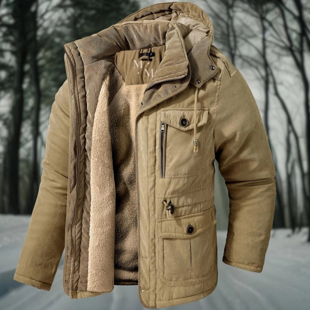 Herrparkasjacka – Regular Fit – Sherpafoder – Ribbad Huva och Krage – Multifickor