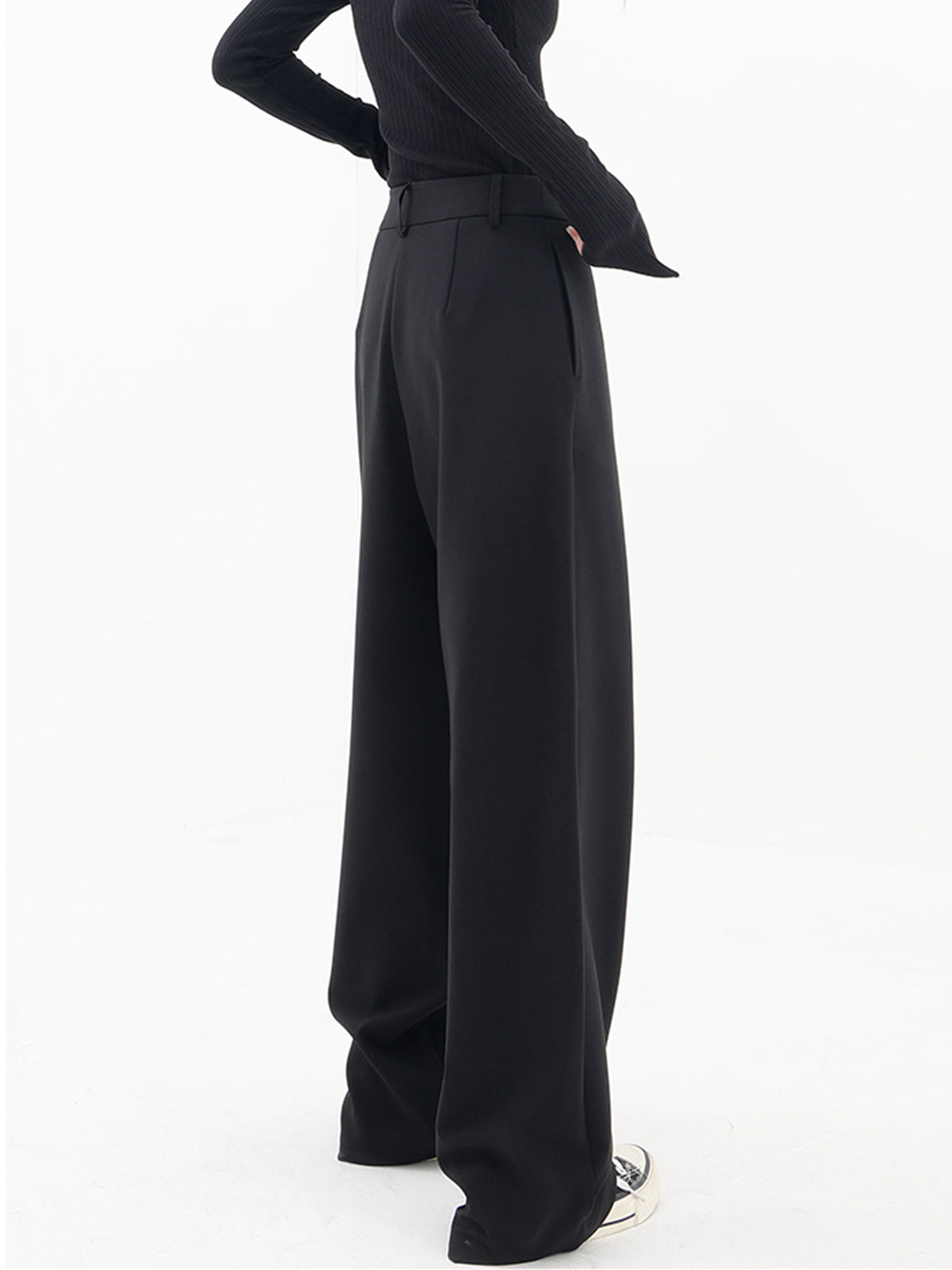Damlångbyxor - Hög Midja - Asymmetrisk Omlottdesign - Vida Ben - Elegant & Stilren