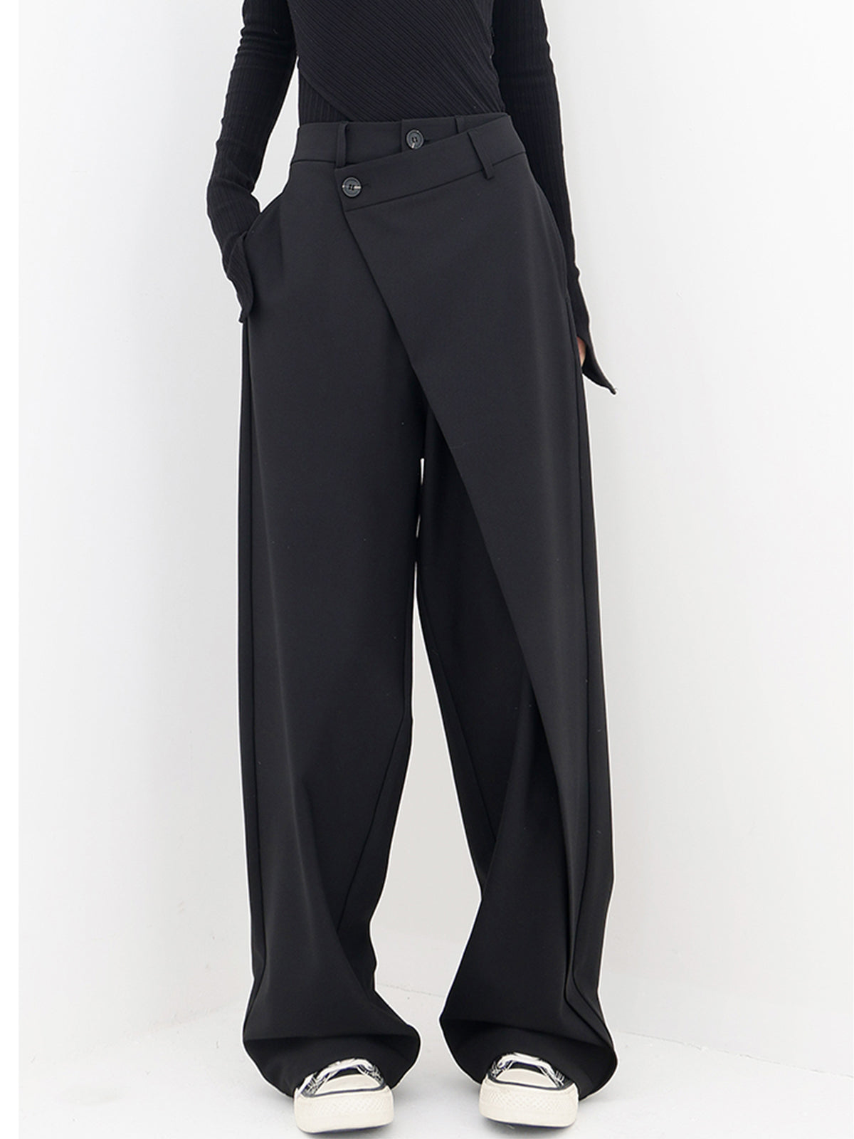 Damlångbyxor - Hög Midja - Asymmetrisk Omlottdesign - Vida Ben - Elegant & Stilren