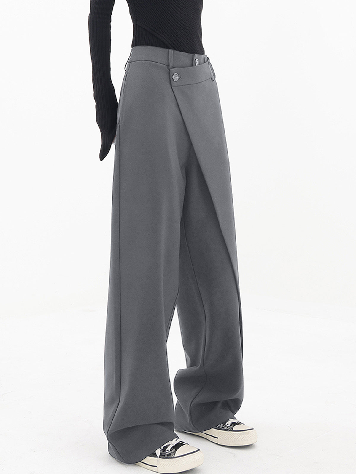 Damlångbyxor - Hög Midja - Asymmetrisk Omlottdesign - Vida Ben - Elegant & Stilren