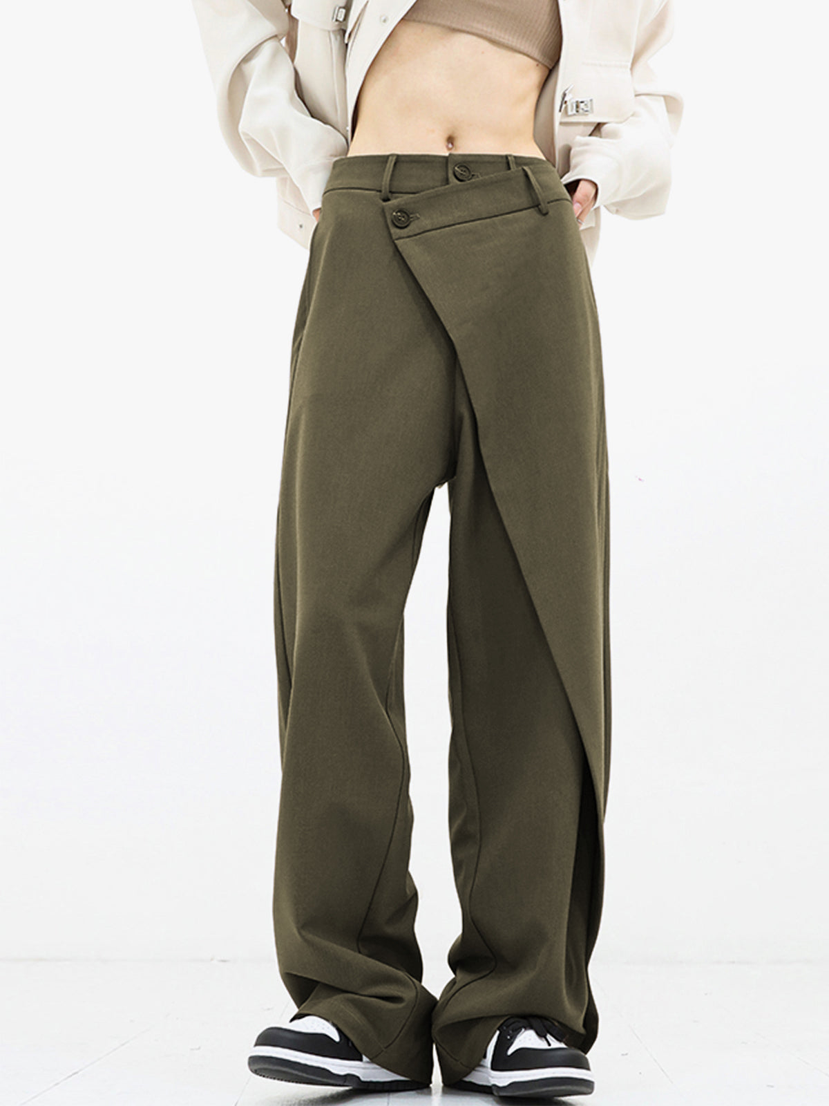 Damlångbyxor - Hög Midja - Asymmetrisk Omlottdesign - Vida Ben - Elegant & Stilren