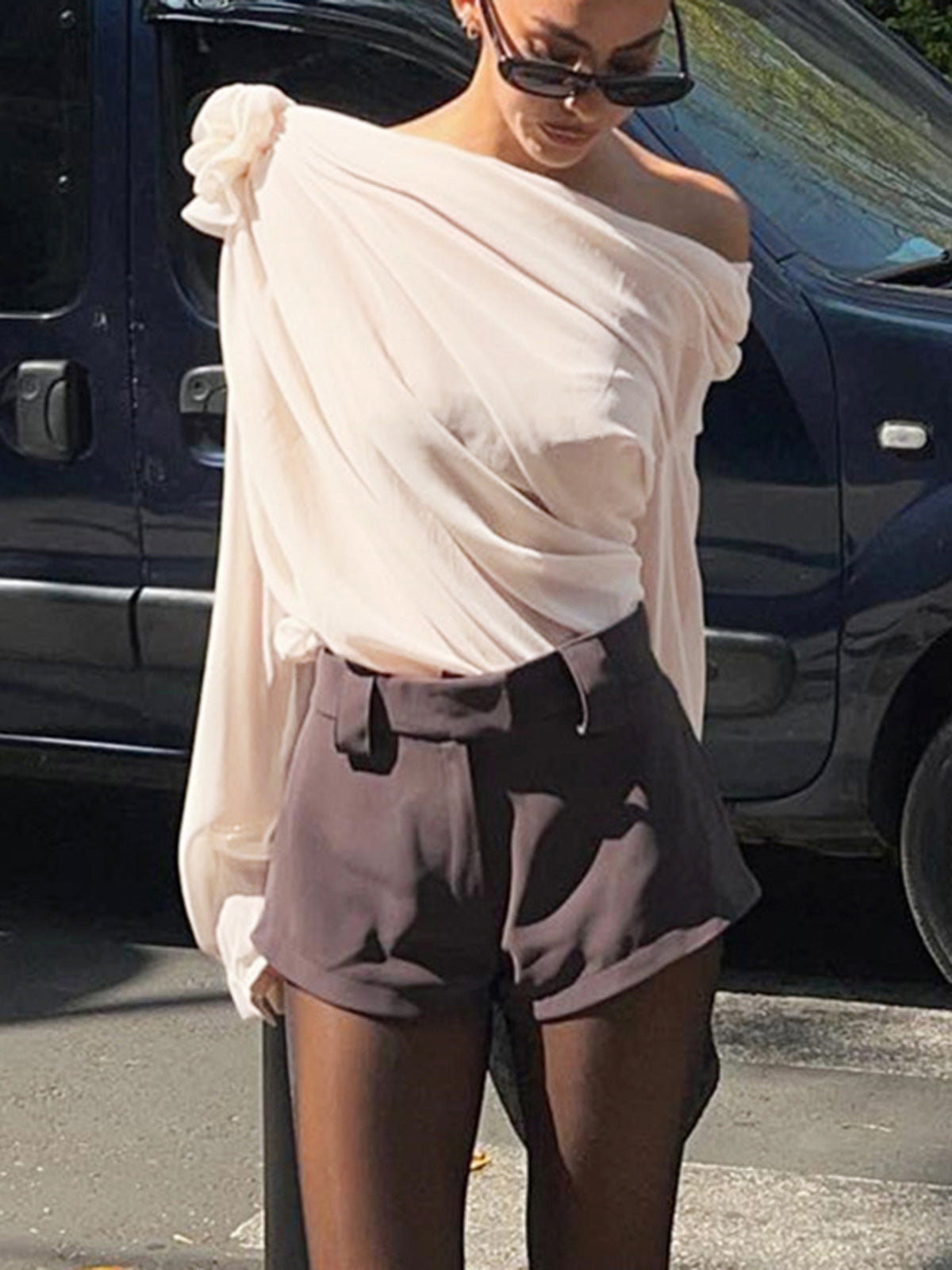 Dam Blus - Asymmetrisk Design - Enaxlad - Långärmad Elegant Festtop