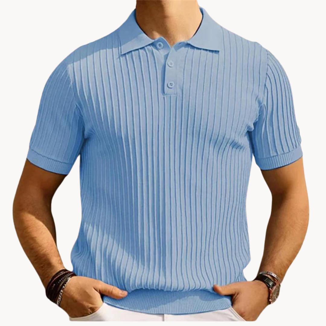 Herr Pikétröja - Ribbstickad - Kortärmad - Slim Fit - Stilren och Bekväm