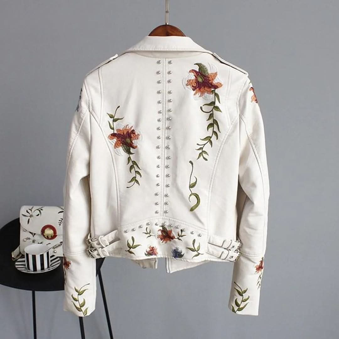 Dam Bikerjacka - Äkta Läder - Asymmetrisk Dragkedja - Broderade Detaljer