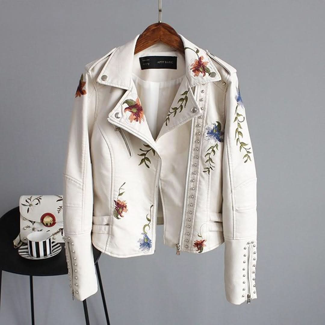 Dam Bikerjacka - Äkta Läder - Asymmetrisk Dragkedja - Broderade Detaljer