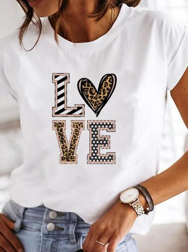 Dam T-shirt – Avslappnad Passform – Mjuk Stickad – Rundhals – Hjärttryck Casual Style