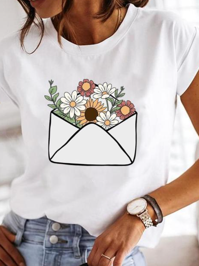Dam T-shirt – Avslappnad Passform – Mjuk Stickad – Rundhals – Hjärttryck Casual Style