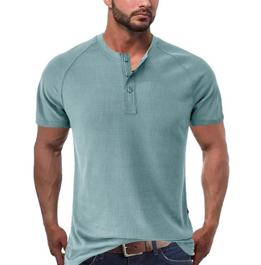 Herr Henley T-shirt - Vaffelstickad - Kort ärm - Bekväm Raglanpassform