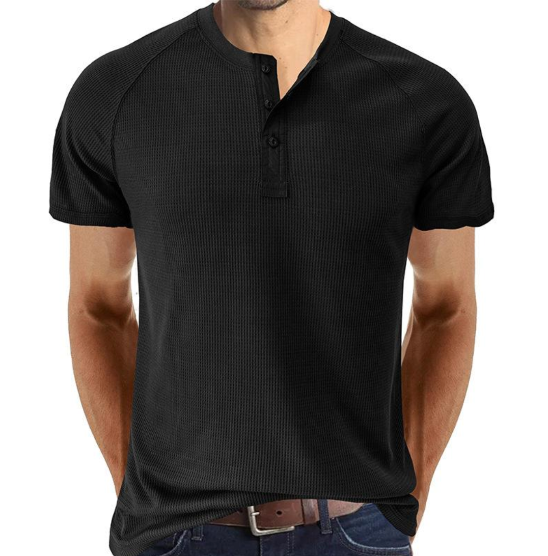 Herr Henley T-shirt - Vaffelstickad - Kort ärm - Bekväm Raglanpassform