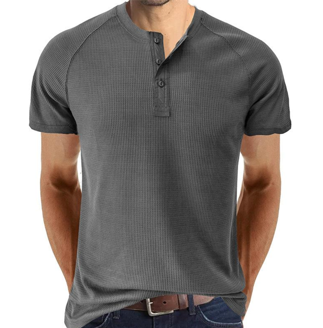 Herr Henley T-shirt - Vaffelstickad - Kort ärm - Bekväm Raglanpassform