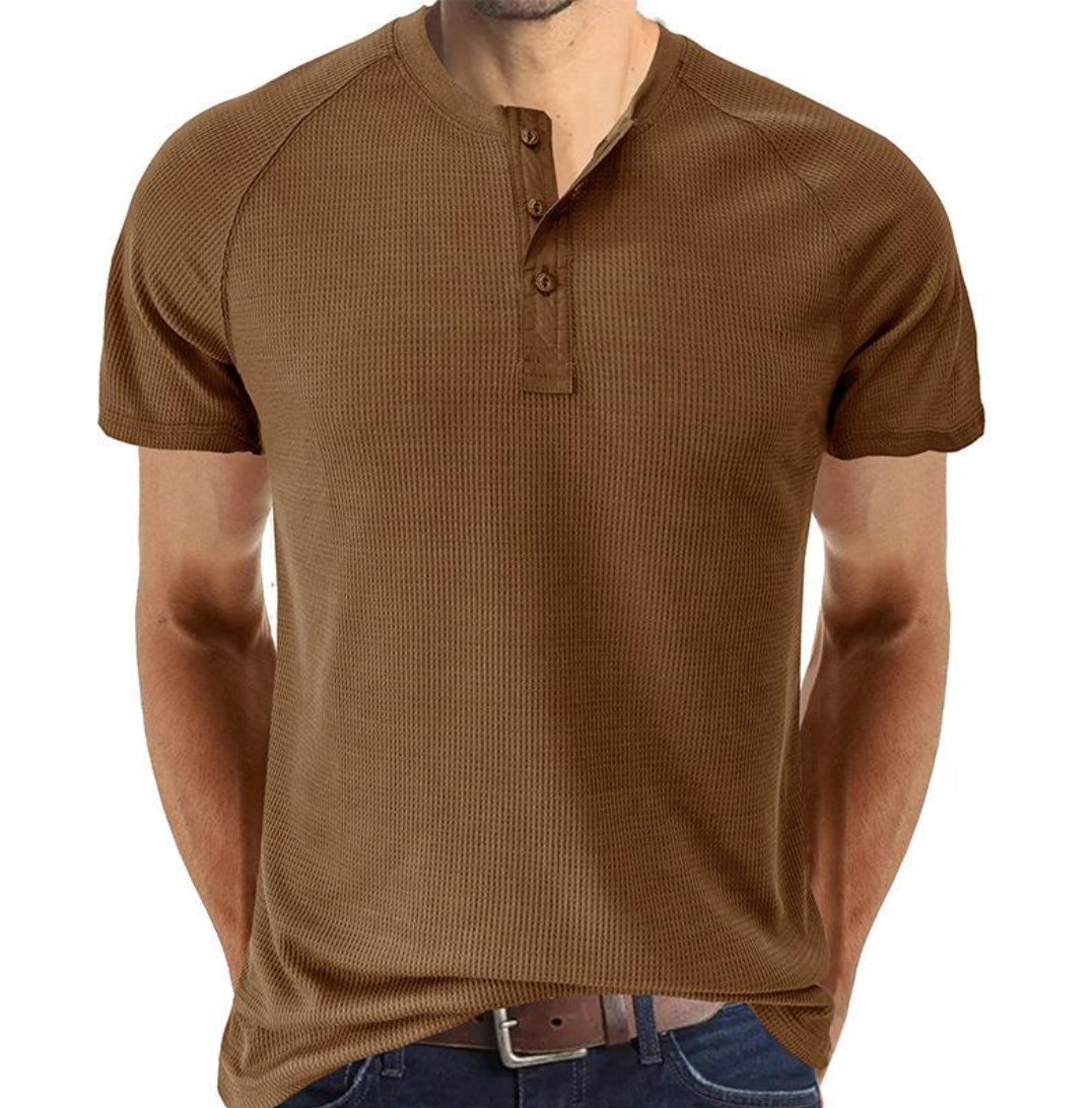 Herr Henley T-shirt - Vaffelstickad - Kort ärm - Bekväm Raglanpassform