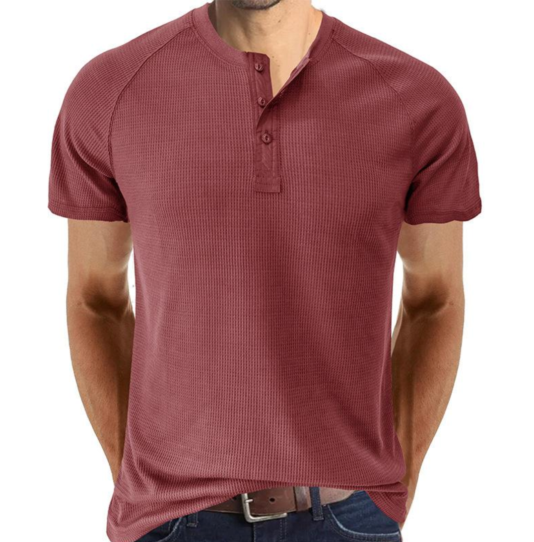 Herr Henley T-shirt - Vaffelstickad - Kort ärm - Bekväm Raglanpassform