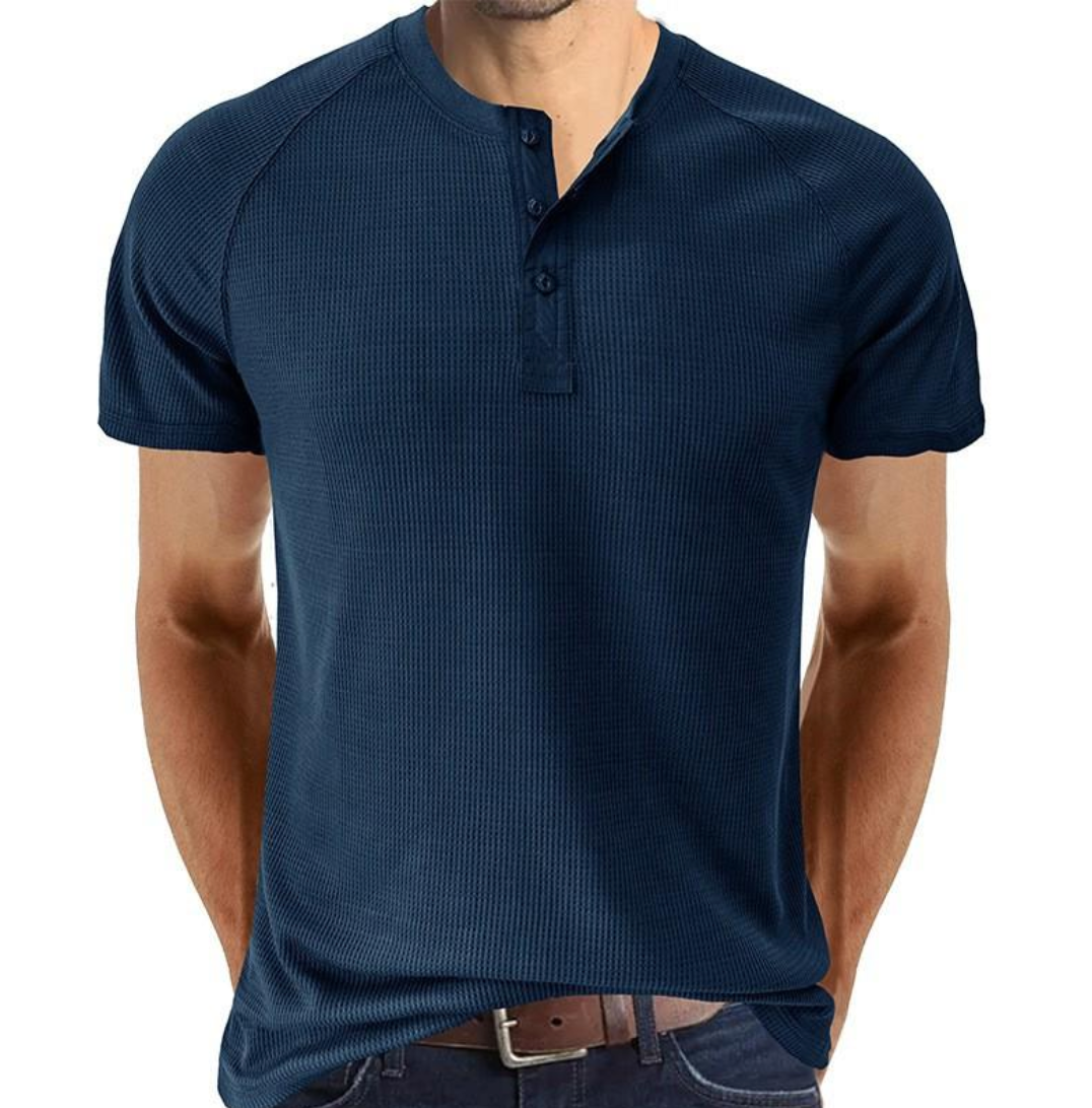 Herr Henley T-shirt - Vaffelstickad - Kort ärm - Bekväm Raglanpassform